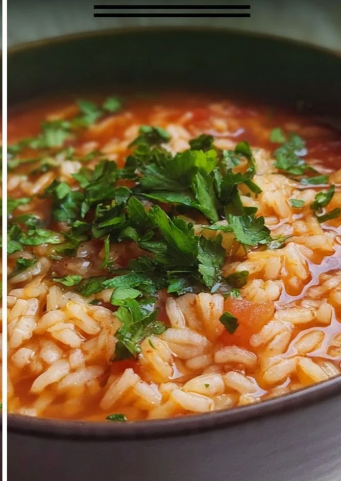 Bowl of comforting Tomato Rice Soup with fresh herbs and rice
