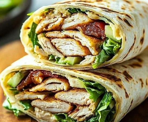 Delicious turkey and cheese wrap served on a plate with fresh ingredients.