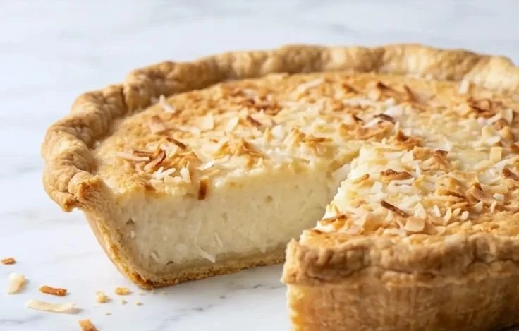 Delicious slice of best coconut pie topped with whipped cream and toasted coconut