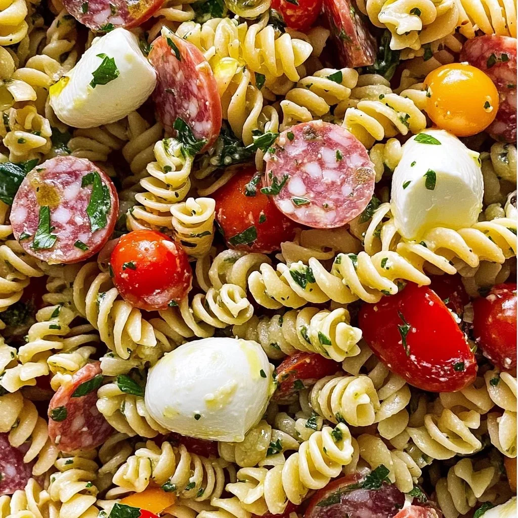 Delicious best pasta salad with colorful veggies and dressing