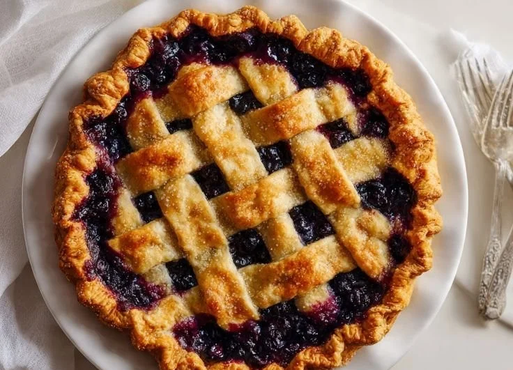 Homemade blueberry cobbler served in a baking dish with fresh blueberries on top.