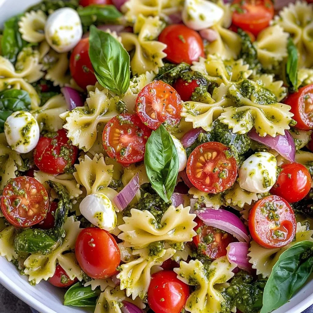 Delicious Bow Tie Pasta Salad served in a bowl with fresh ingredients.