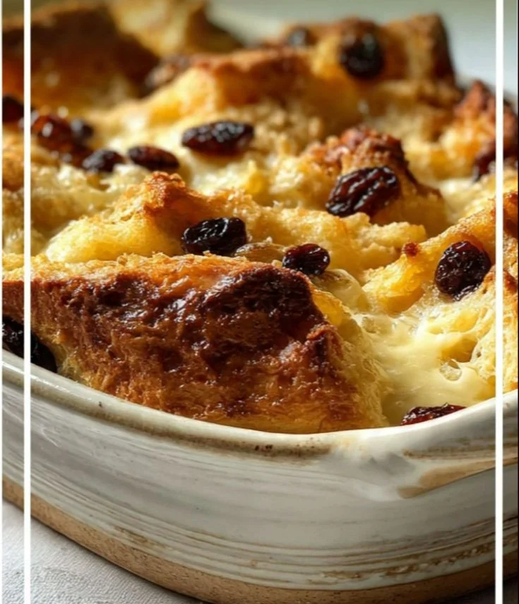 Delicious bread and butter pudding served on a plate with custard