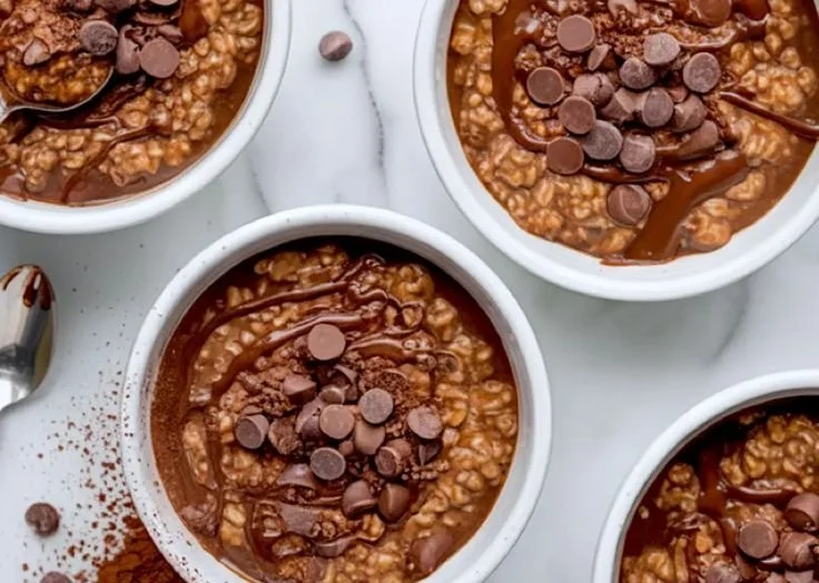 Delicious brownie batter oatmeal served in a bowl with chocolate topping