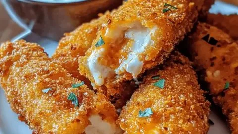 Buffalo Chicken Mozzarella Sticks with a crispy coating and gooey cheese
