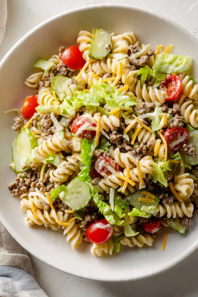 A vibrant bowl of Burger Pasta Salad with fresh greens, pasta, and burger toppings.
