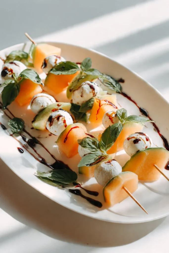 Cantaloupe skewers with mozzarella cheese drizzled with balsamic glaze