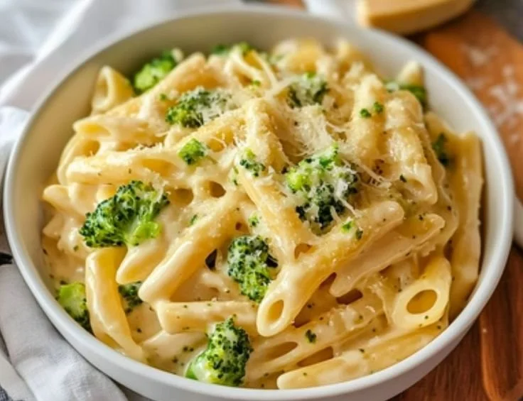 Delicious cheesy broccoli pasta topped with fresh broccoli florets
