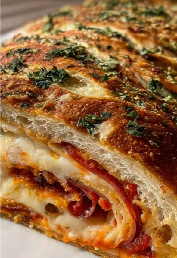 Cheesy stuffed stromboli filled with cheese and savory ingredients.