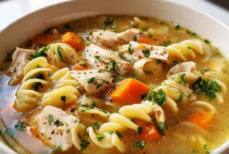 Bowl of homemade chicken noodle soup with vegetables and herbs