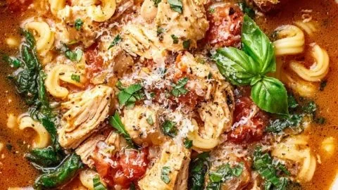 A bowl of Chicken Parmesan Soup garnished with parsley and cheese.