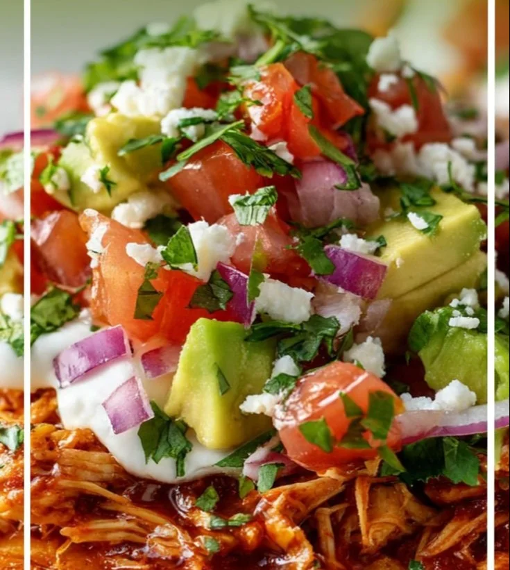 Chicken Tinga Tostadas topped with avocado, cilantro, and lime