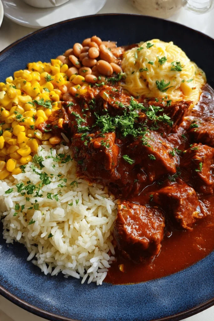 Delicious Chile Colorado served with rice and beans on a plate