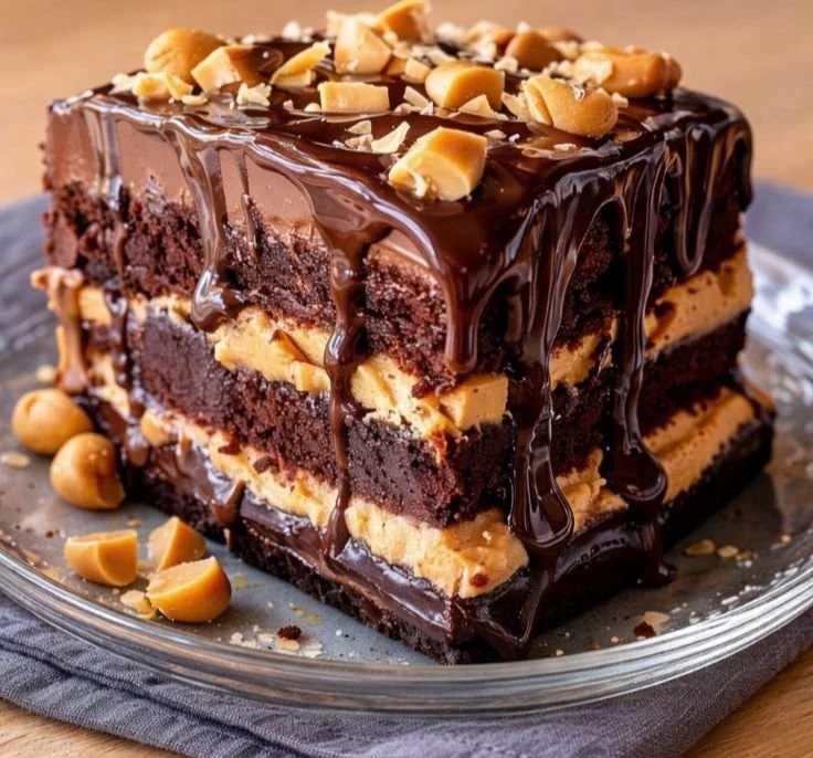 Delicious Chocolate Peanut Butter Ooey Gooey Cake topped with creamy peanut butter frosting.
