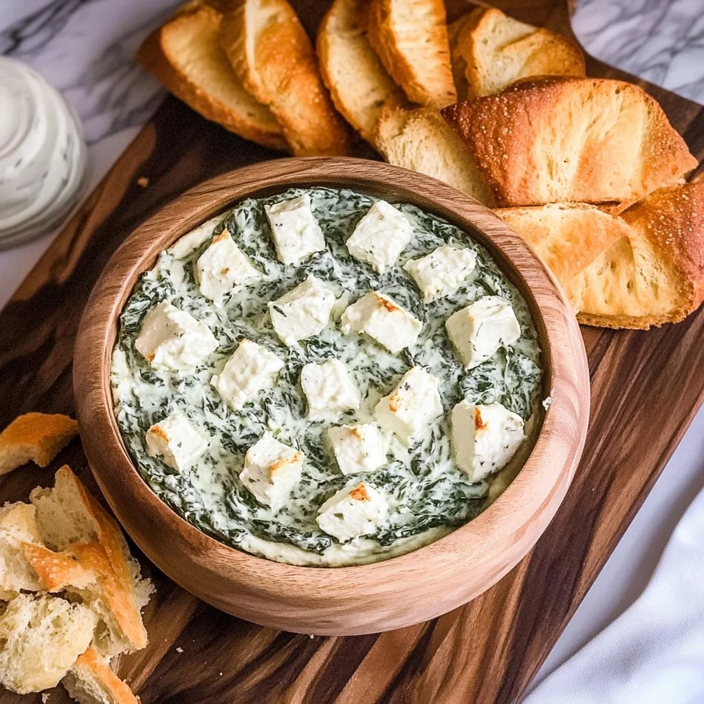 Bowl of classic spinach dip served with fresh vegetables and crackers