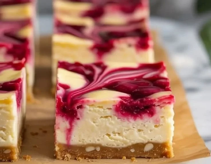 Coconut milk cheesecake bars on a plate, topped with fresh fruit