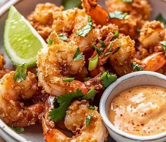 Delicious coconut shrimp served with sweet chili sauce on a platter.