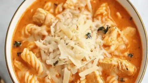 Bowl of creamy Chicken Parmesan Soup in a crockpot, garnished with parsley.