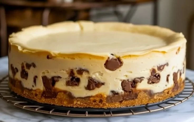 Slice of delicious Cookie Dough Cheesecake topped with cookie dough pieces