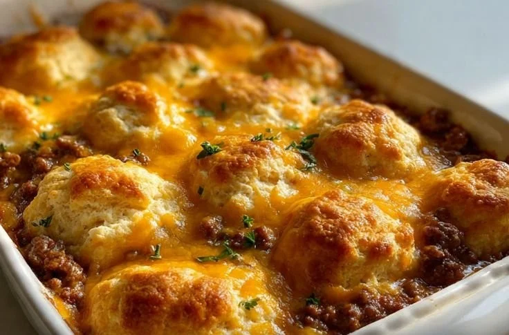 Delicious Cowboy Casserole topped with cheese and crispy edges, served in a rustic dish
