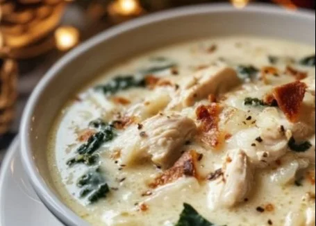 Creamy chicken parmesan soup garnished with herbs and cheese