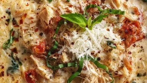 Creamy Chicken Parmesan Soup garnished with herbs in a bowl.