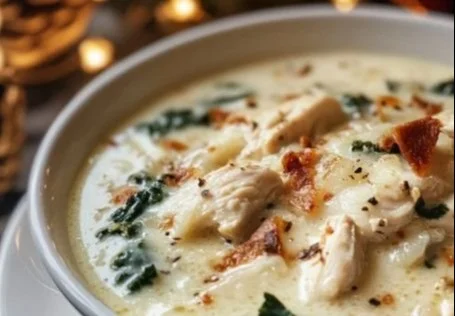 Creamy Chicken Parmesan Soup garnished with parsley in a rustic bowl