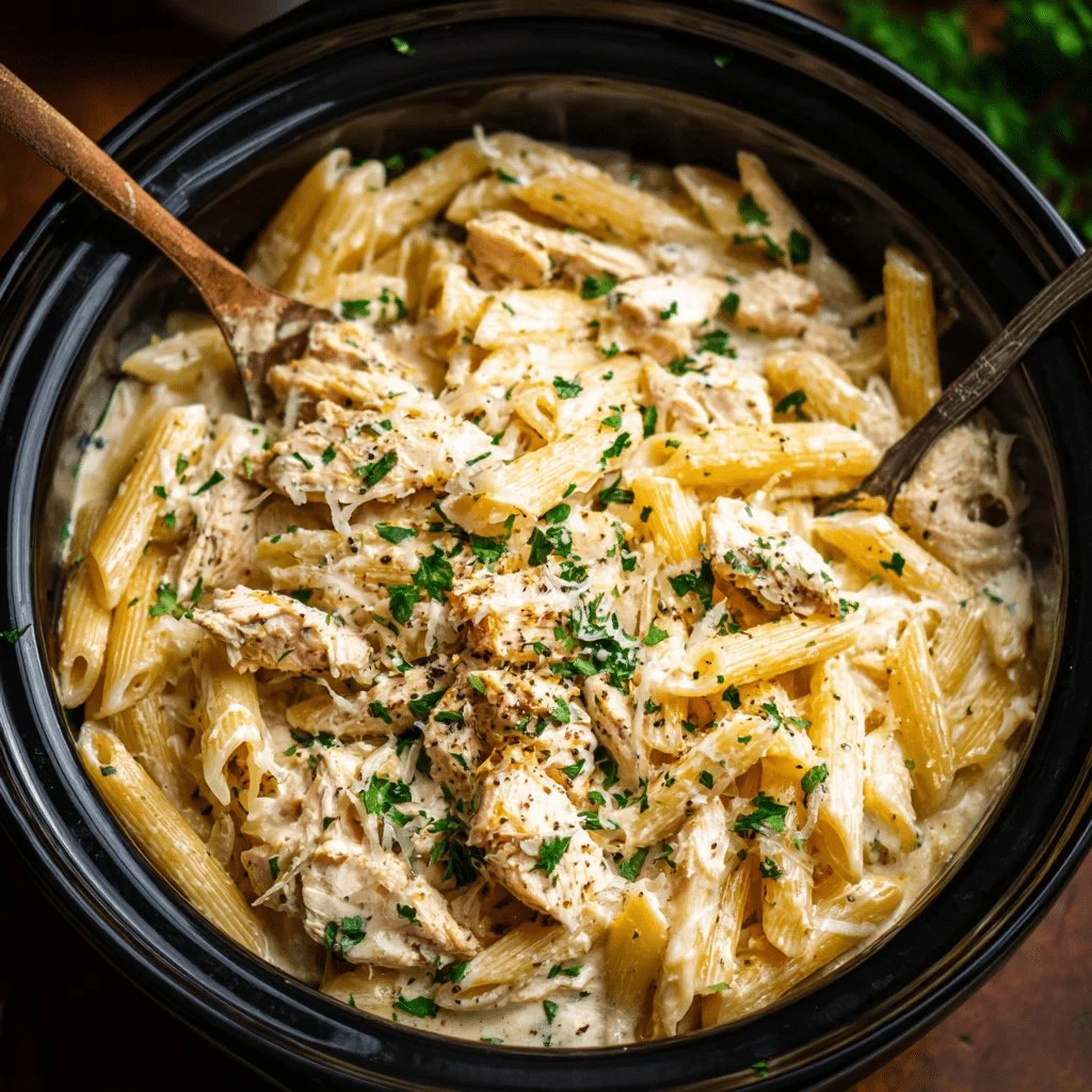 Creamy garlic parmesan chicken pasta cooked in a crockpot, garnished with herbs.