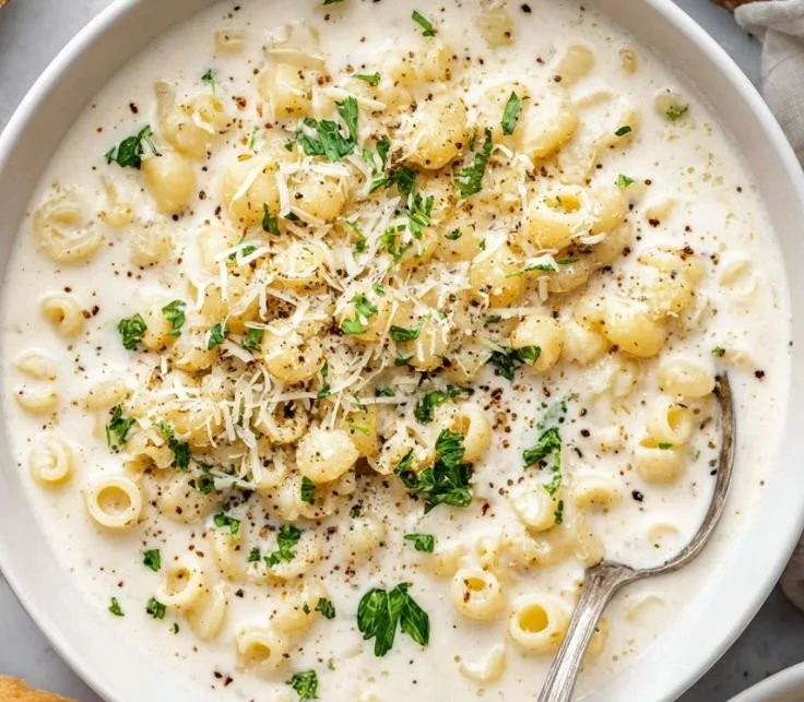 Bowl of creamy garlic parmesan soup with herbs and breadsticks.