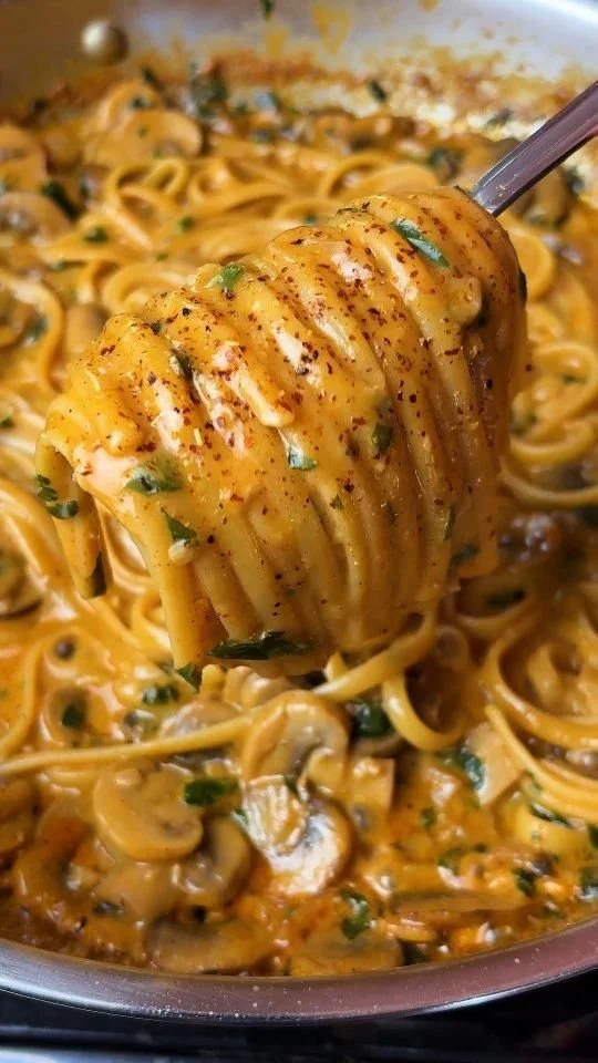 Plate of creamy mushroom pasta topped with fresh herbs and grated cheese
