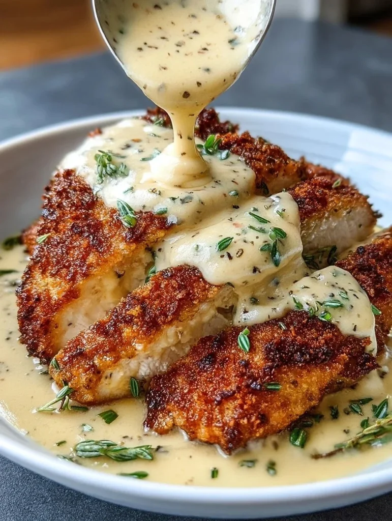 Delicious creamy Parmesan crusted chicken with garlic sauce on a plate.