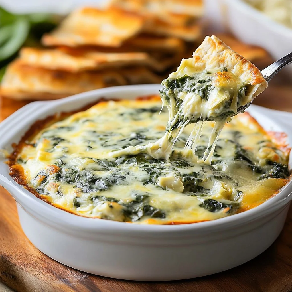Delicious creamy spinach artichoke dip served in a bowl with chips