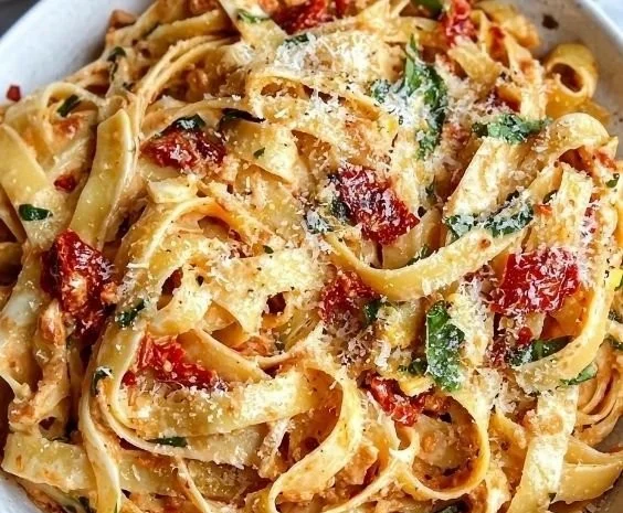 Creamy sun-dried tomato fettuccine garnished with fresh herbs
