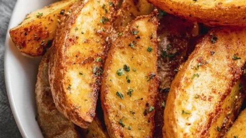 Crispy baked potato wedges served on a plate with dipping sauce