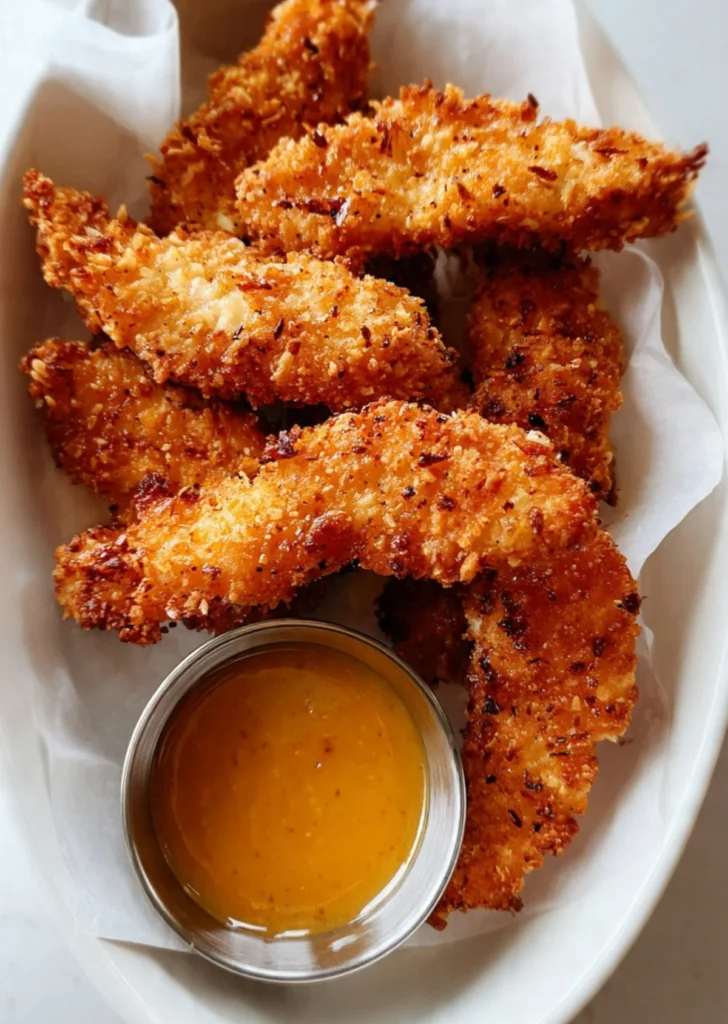 Delicious crispy chicken tenders served with dipping sauce