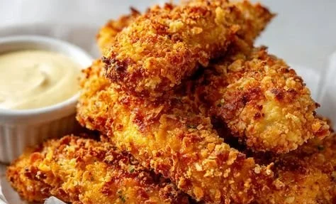 Golden crispy chicken tenders served on a plate with dipping sauce