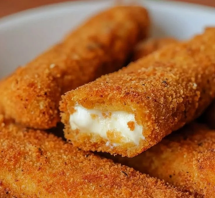 Plate of crispy fried mozzarella sticks served with marinara sauce.