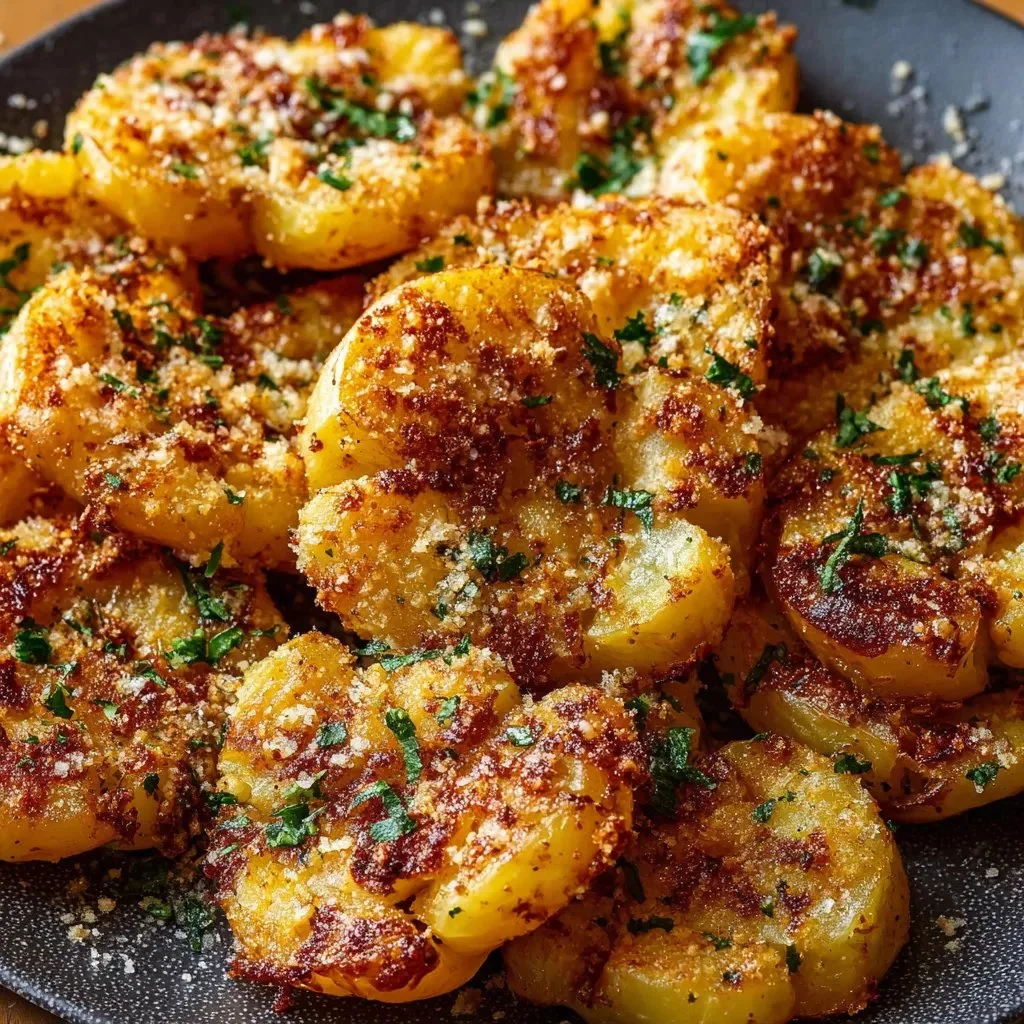 Crispy garlic butter parmesan smashed potatoes served on a plate.