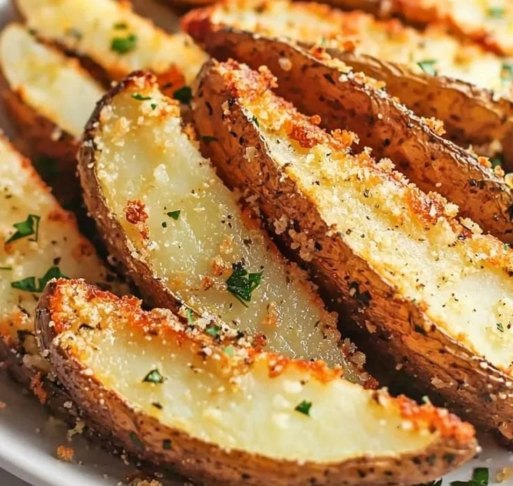 Crispy Garlic Parmesan Potato Wedges served in a bowl with herbs