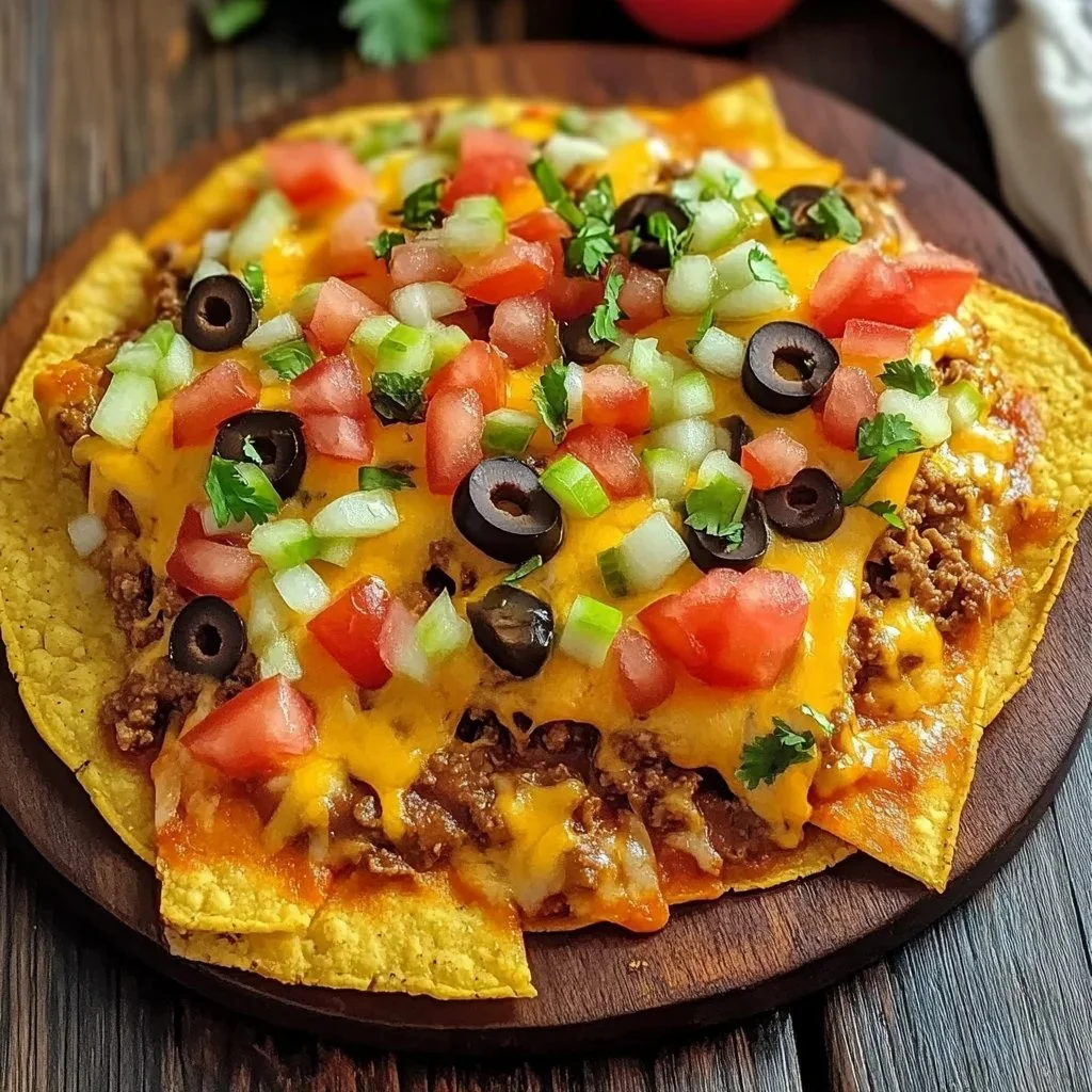 Crispy Mexican pizza with seasoned beef and refried beans on a wooden table.