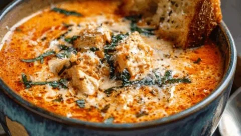 Crock Pot Creamy Chicken Parmesan Soup in a bowl garnished with herbs.