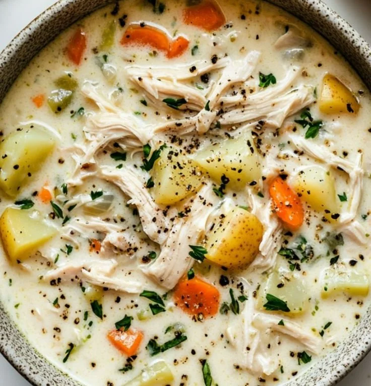 Crockpot Chicken Alfredo Soup in a bowl with fresh herbs on top.
