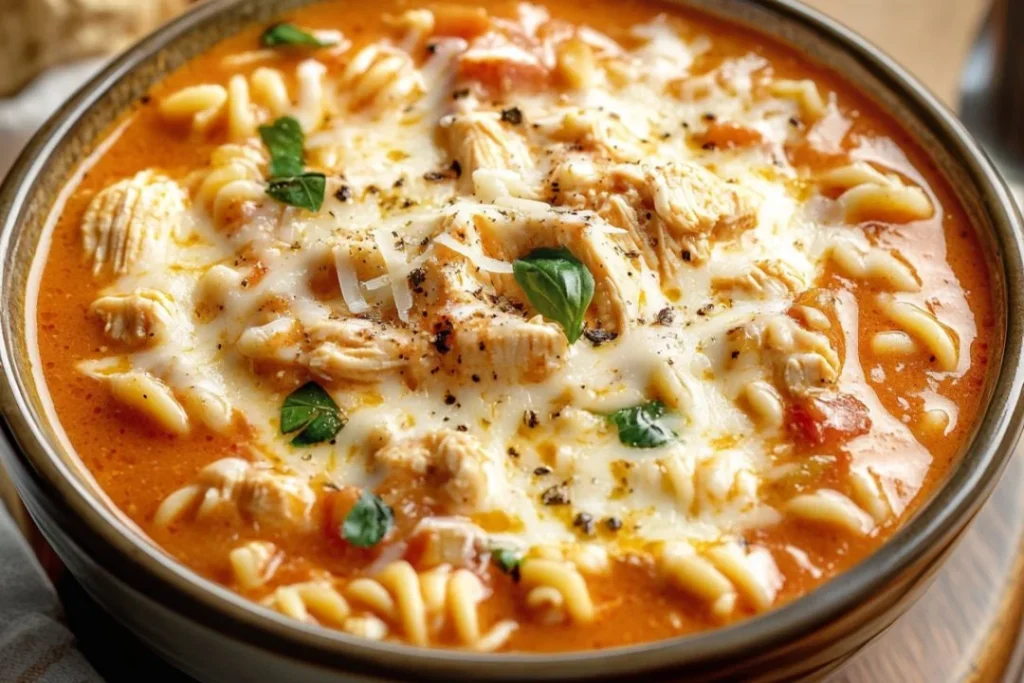 Crockpot Chicken Parmesan Soup in a bowl with cheese and parsley.