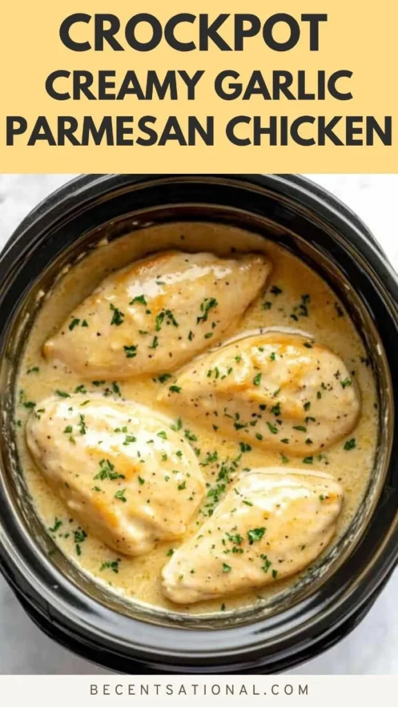 Delicious Crockpot Creamy Garlic Parmesan Chicken served with vegetables