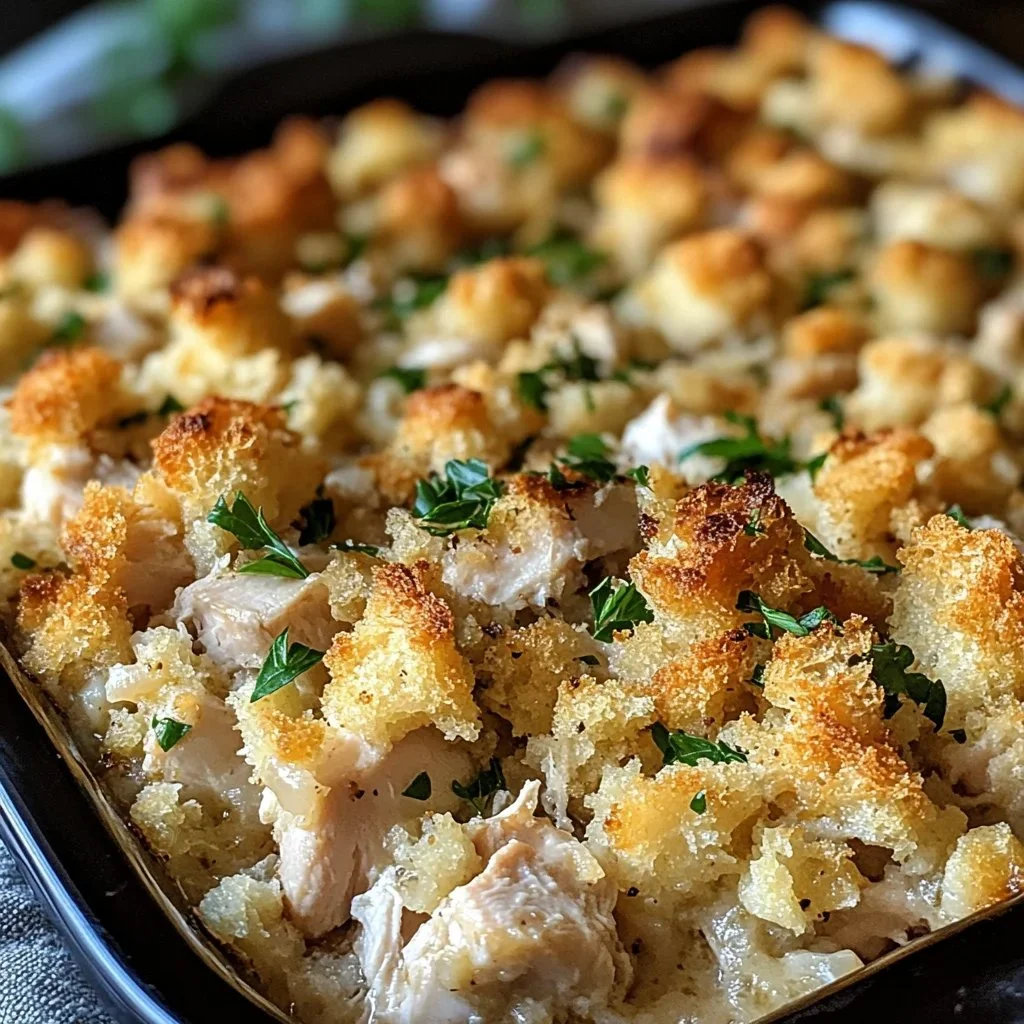 Dolly's Chicken and Stuffing Casserole served in a cozy dish