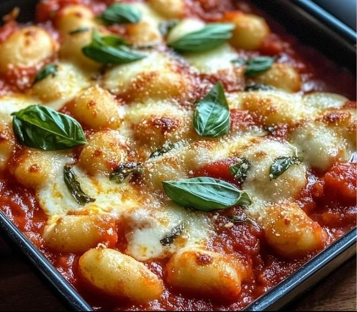 Easy gnocchi and tomato bake topped with melted cheese and fresh basil
