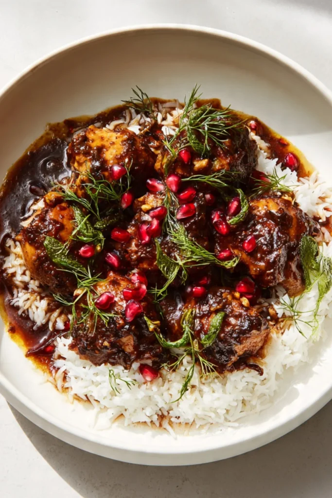 A bowl of Fesenjan, a traditional Persian dish with chicken, pomegranate sauce, and walnuts.