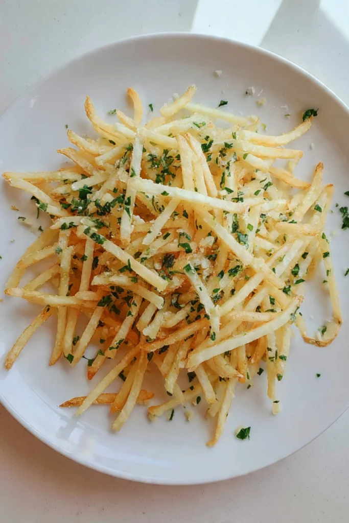 Delicious garlic and parsley shoestring fries served in a basket