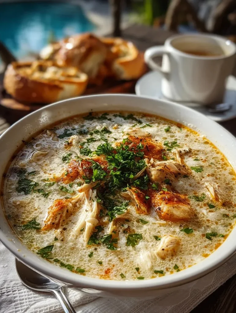 Bowl of creamy Garlic Parmesan Chicken Soup garnished with herbs.