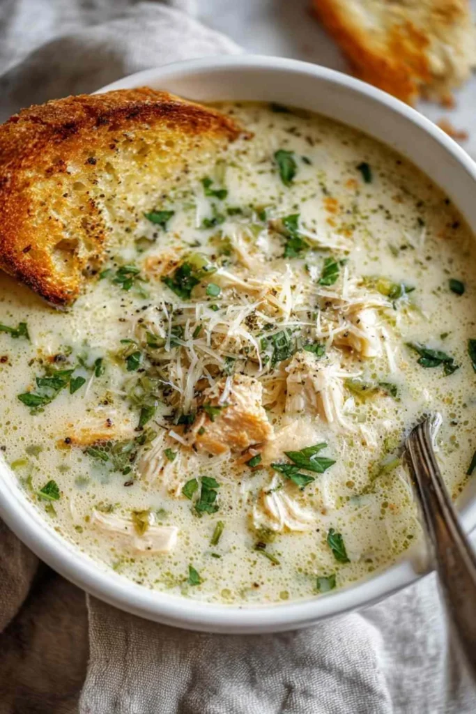 Creamy Garlic Parmesan Chicken Soup in a bowl with herbs and bread